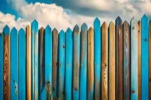 en blå trä- staket med en blå himmel i de bakgrund. ai-genererad foto
