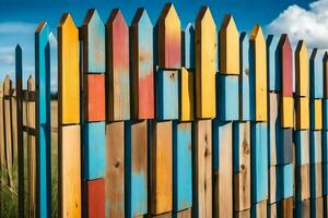 en färgrik staket med många annorlunda färgad trä- bitar. ai-genererad foto