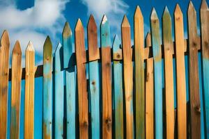en trä- staket med färgrik trä- inlägg. ai-genererad foto