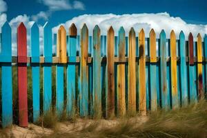 färgrik staket på de strand med blå himmel och moln. ai-genererad foto