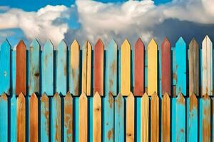 en färgrik trä- staket med blå himmel och moln. ai-genererad foto