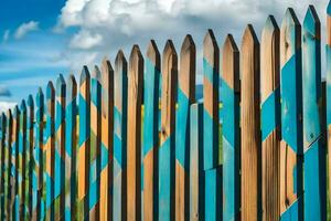 en trä- staket med färgrik måla på Det. ai-genererad foto