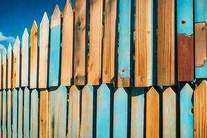 en trä- staket med blå måla på Det. ai-genererad foto