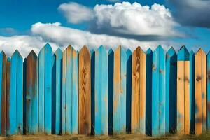 en blå staket med trä- inlägg och en himmel bakgrund. ai-genererad foto