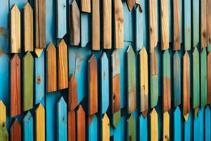 färgrik trä- staket med många annorlunda färgad bitar. ai-genererad foto