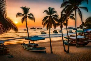 båtar är dockad på de strand på solnedgång. ai-genererad foto