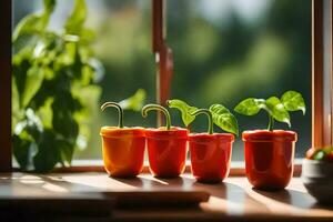 fem röd peppar växter i kastruller på en fönster tröskel. ai-genererad foto