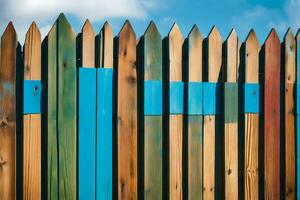 en färgrik trä- staket med blå och vit Ränder. ai-genererad foto