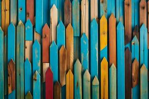 färgrik trä- staket med många annorlunda färgad bitar. ai-genererad foto
