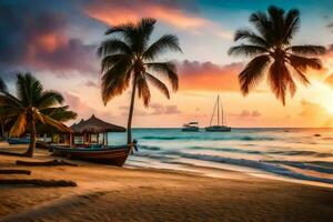 en solnedgång på de strand med handflatan träd och båtar. ai-genererad foto