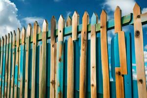 en trä- staket med blå och grön måla. ai-genererad foto