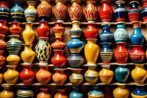 färgrik vaser är visas på en hylla. ai-genererad foto