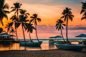 båtar på de strand på solnedgång med handflatan träd. ai-genererad foto