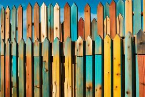 färgrik trä- staket med blå himmel bakgrund. ai-genererad foto