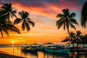 solnedgång på de strand med båtar och handflatan träd. ai-genererad foto
