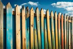 en färgrik trä- staket med blå himmel i de bakgrund. ai-genererad foto