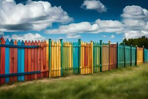 en färgrik trä- staket med en blå himmel och moln. ai-genererad foto