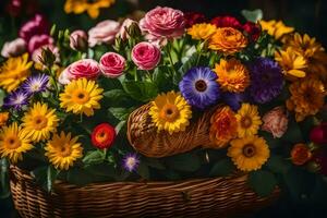 en korg fylld med färgrik blommor på en tabell. ai-genererad foto
