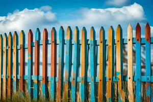 en färgrik staket med blå himmel och moln i de bakgrund. ai-genererad foto
