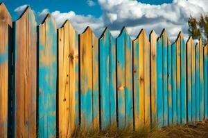 en trä- staket med blå och gul måla. ai-genererad foto