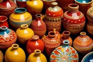 många färgrik vaser är visas i en visa. ai-genererad foto