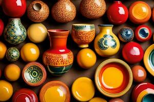 färgrik keramisk vaser och skålar är anordnad i en mönster. ai-genererad foto