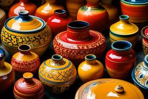 många färgrik vaser är anordnad tillsammans. ai-genererad foto