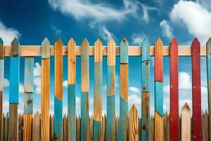 en färgrik staket med blå himmel och moln. ai-genererad foto