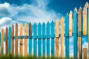 en trä- staket med blå himmel och moln. ai-genererad foto