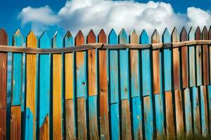 en trä- staket med blå och gul måla. ai-genererad foto