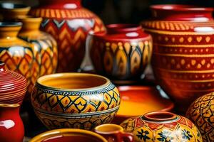 många färgrik krukmakeri vaser är visas på en tabell. ai-genererad foto