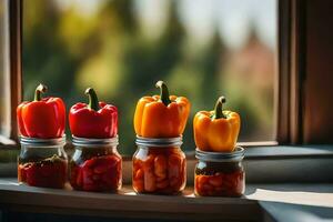 fem burkar med paprikor och tomater i dem. ai-genererad foto