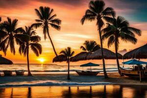 en skön solnedgång på en strand med handflatan träd. ai-genererad foto