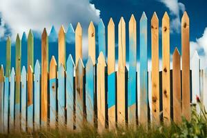 en trä- staket med färgrik trä- stolpar. ai-genererad foto
