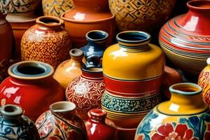 många färgrik vaser är visas i en rad. ai-genererad foto