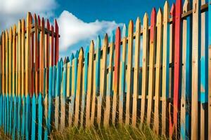 en färgrik staket med många annorlunda färgad stolpar. ai-genererad foto