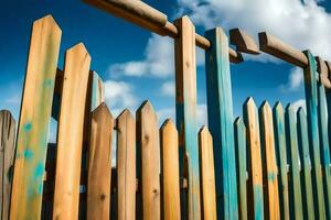 en trä- staket med färgrik trä- inlägg. ai-genererad foto