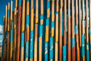 en färgrik vägg tillverkad av trä- pinnar. ai-genererad foto