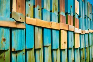 en trä- staket med många annorlunda färgad brädor. ai-genererad foto