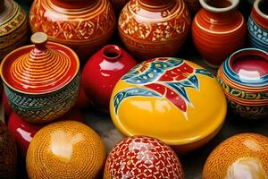 många färgrik keramisk vaser är visas på en tabell. ai-genererad foto