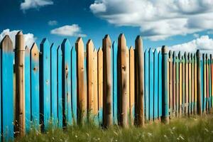 en trä- staket med blå och grön måla. ai-genererad foto