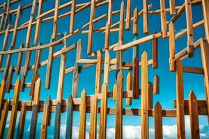 en trä- staket med många trä- pinnar. ai-genererad foto