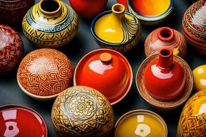 en samling av färgrik keramisk vaser. ai-genererad foto