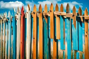 en färgrik staket med många annorlunda färgad trä- stolpar. ai-genererad foto