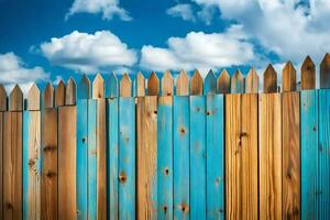en trä- staket med blå måla på Det. ai-genererad foto