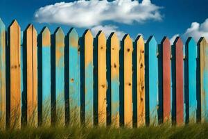en färgrik staket med blå himmel och gräs. ai-genererad foto