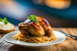 kyckling med pasta på en tallrik. ai-genererad foto