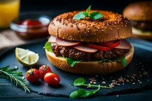 hamburgare med tomat, sallad och tomat på en svart tallrik. ai-genererad foto