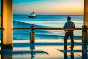 en man stående på en balkong ser ut på de hav. ai-genererad foto