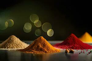 en mängd av kryddor och kryddor på en tabell. ai-genererad foto